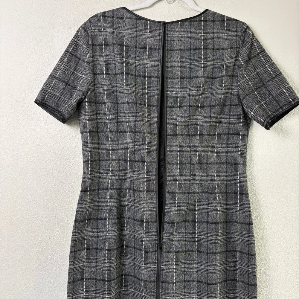 Tahari Sheath Dress Womens 12‎ Grey Plaid Faux Leather Trim Short Sleeve Office